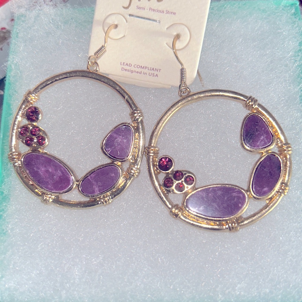 Boho Hippie Purple Rhinestone Gold Tone Earrings